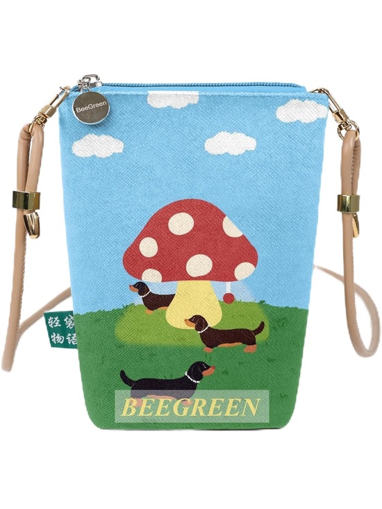 Handbags - Beegreen Mushroom & Dachshund Crossbody Bag - Light Blue & Green, NWOT